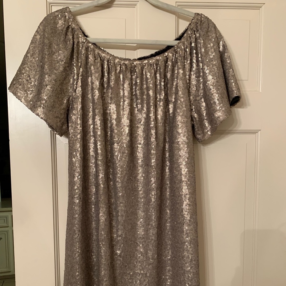 Gold sequined dress, matte gold all-over sequins